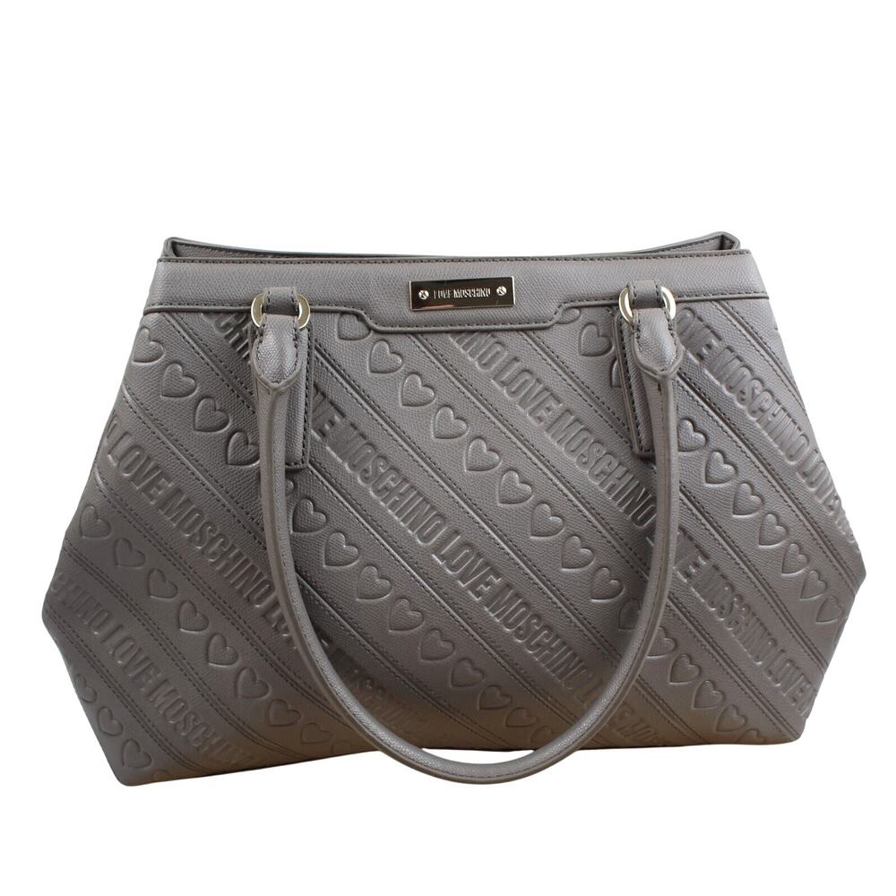 Love Moschino Y2K Purse Embossed Logo Heart Tote Gray Red Shoulder Bag Designer